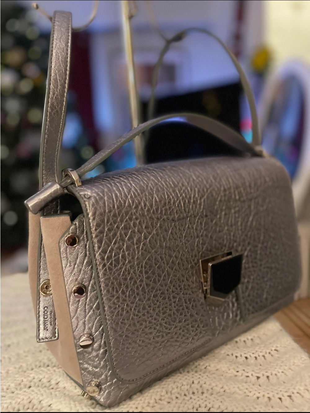 Jimmy Choo Metallic Silver Pebbled Leather Shoulder Bag